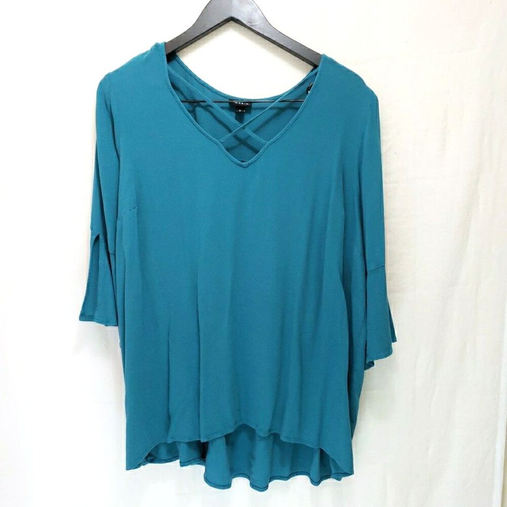 Torrid Teal Blue Rayon Strappy Crisscross Neck Blouse Sz 3 3X 3/4 Sleeve Top